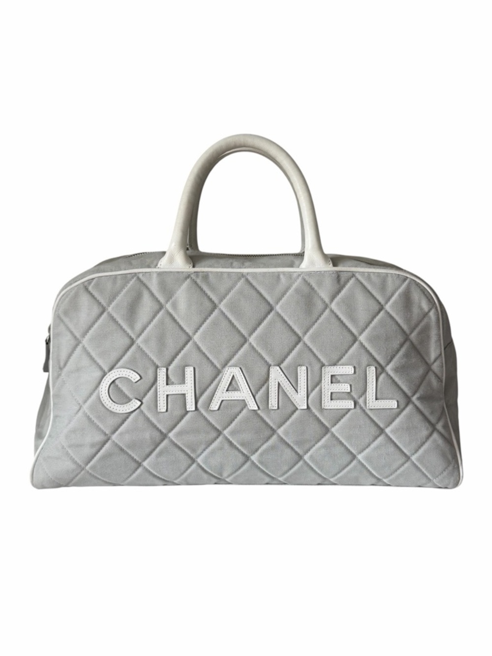 Chanel Sports Line Quilted Logo Bowler Bag Grey Canvas White Leather Trim - Picture 1 of 15